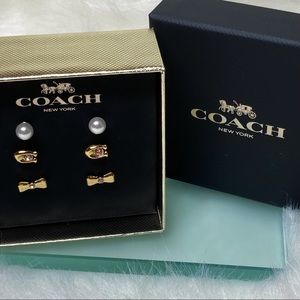 Coach Stud Earrings Set of Three Pearls Crystal C Crystal Bows in Box NEW